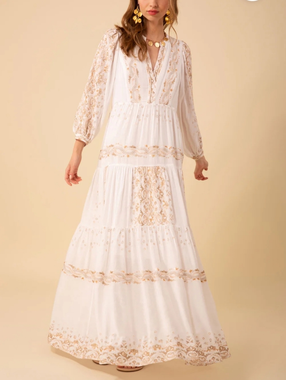 Hale Bob Emery Ivory White Embroidered Sleeve Maxi Dress